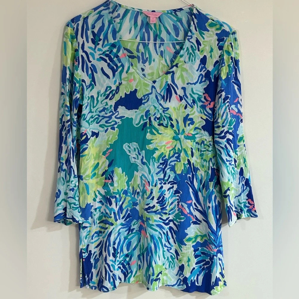 Lilly Pulitzer Sz M Lantana Tunic Top Wade & Sea Crinkle Gauze V-Neck Coverup - Picture 3 of 10